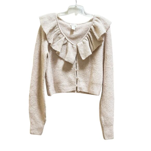 H&M Cream Knit Ruffle Collared Button Front Cardigan Sweater Size Small - Picture 1 of 6